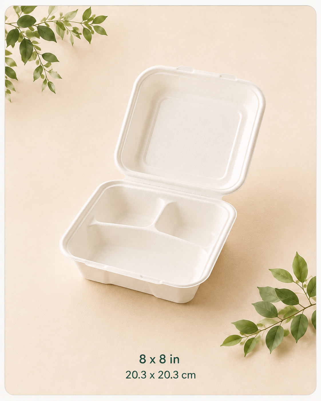 3-compartment bagasse clamshell takeout container