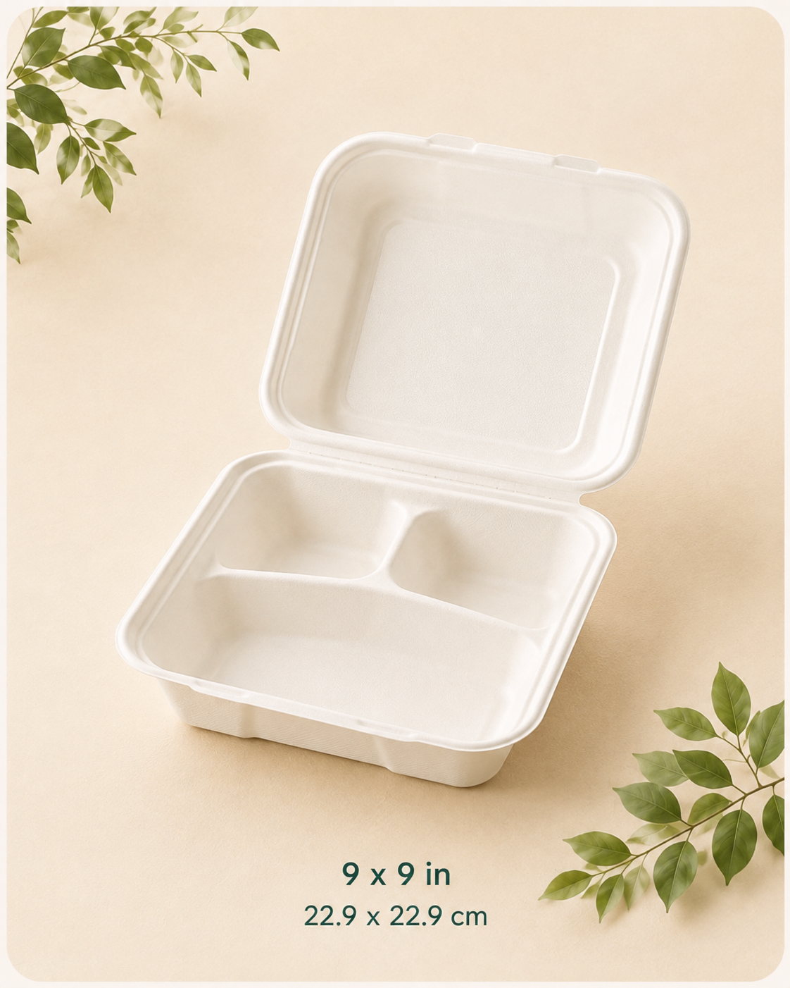 3-compartment bagasse clamshell takeout container