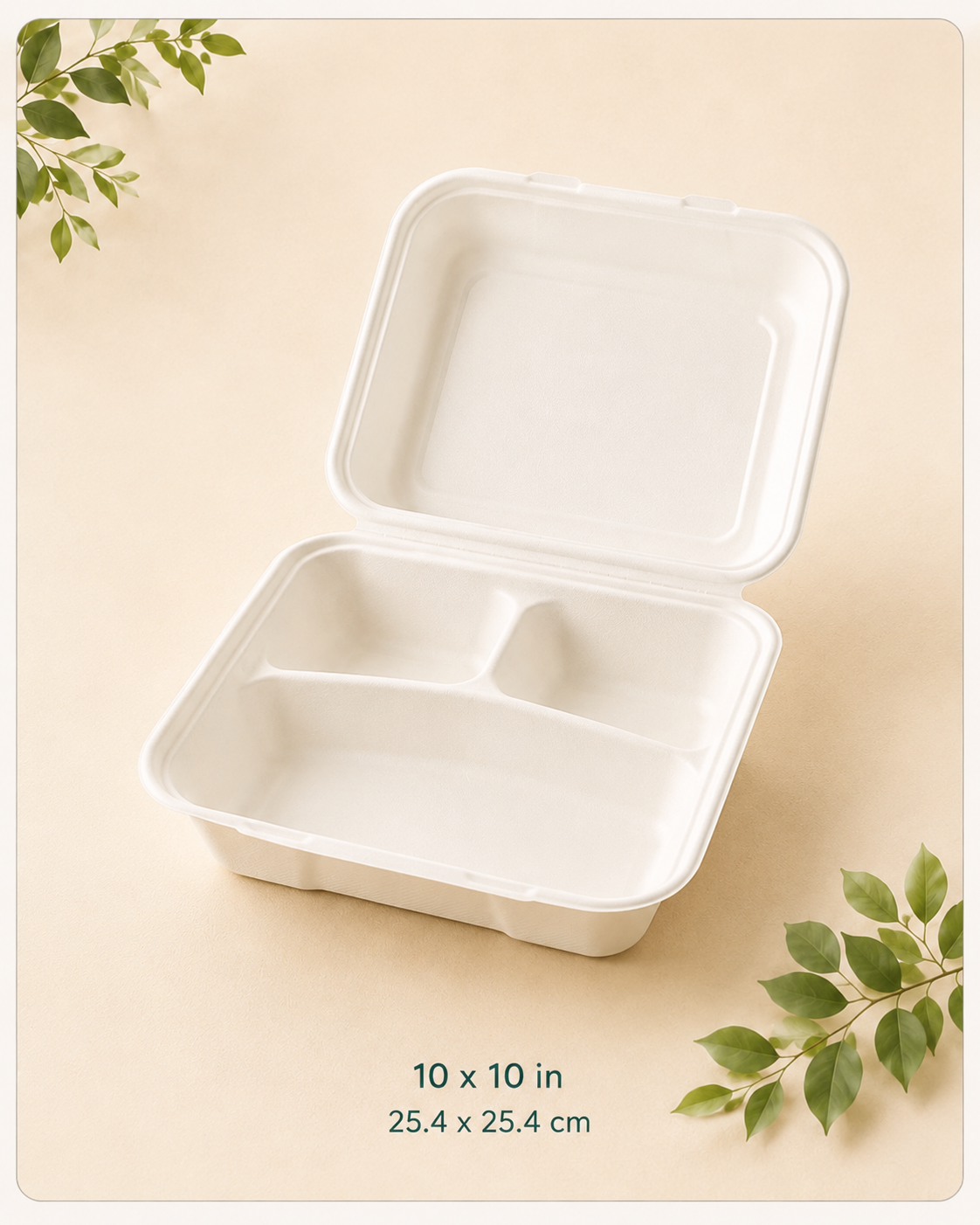 3-compartment bagasse clamshell takeout container